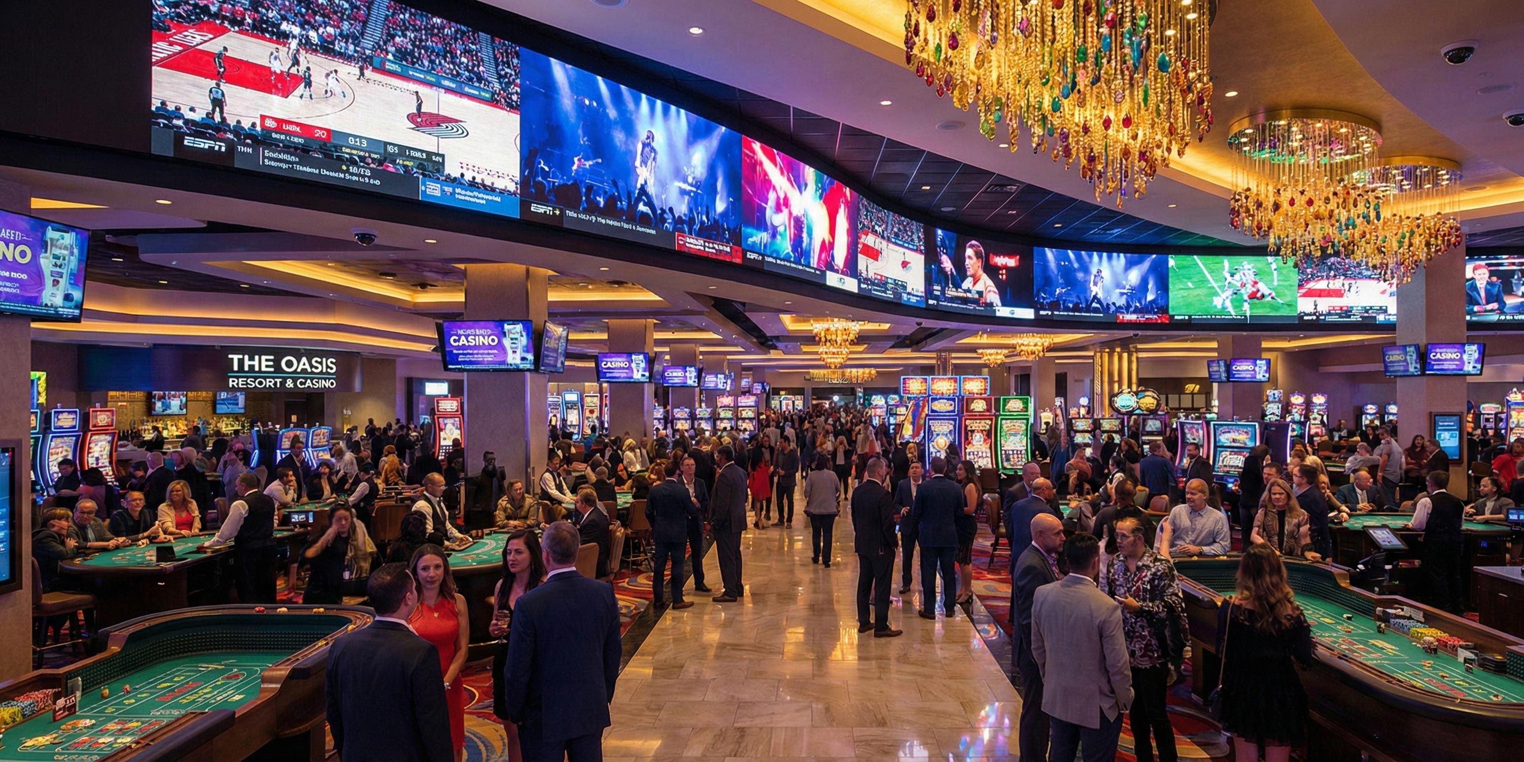 Busy casino floor with gaming tables, slot machines, and large overhead displays