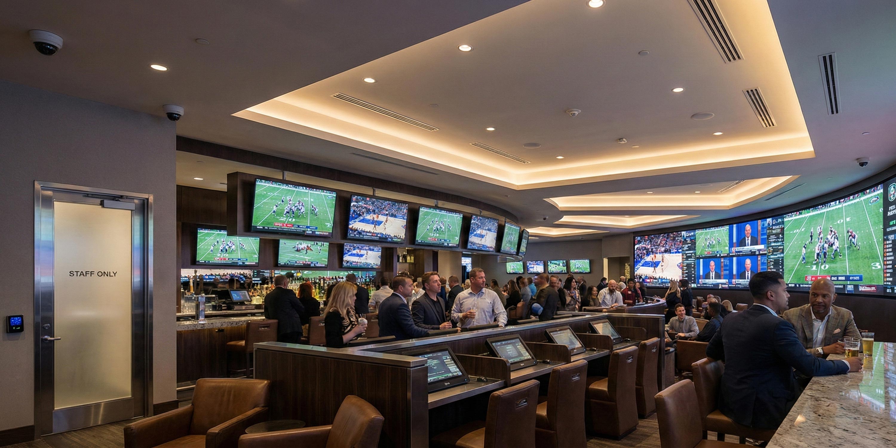 Sportsbook lounge with multiple screens, bar seating, and people watching games