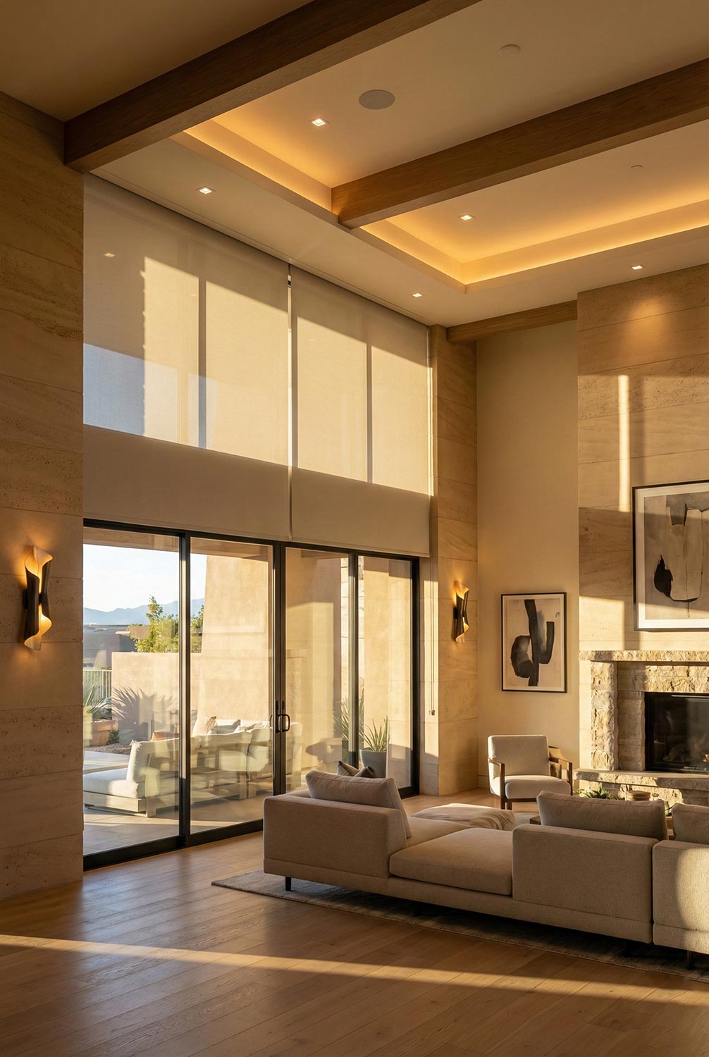 Living room with tall windows, motorized shades, and warm ceiling lighting