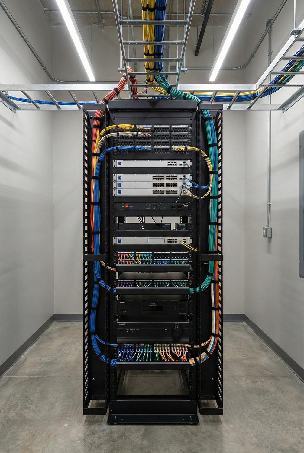Server rack with organized cables in a dedicated equipment room