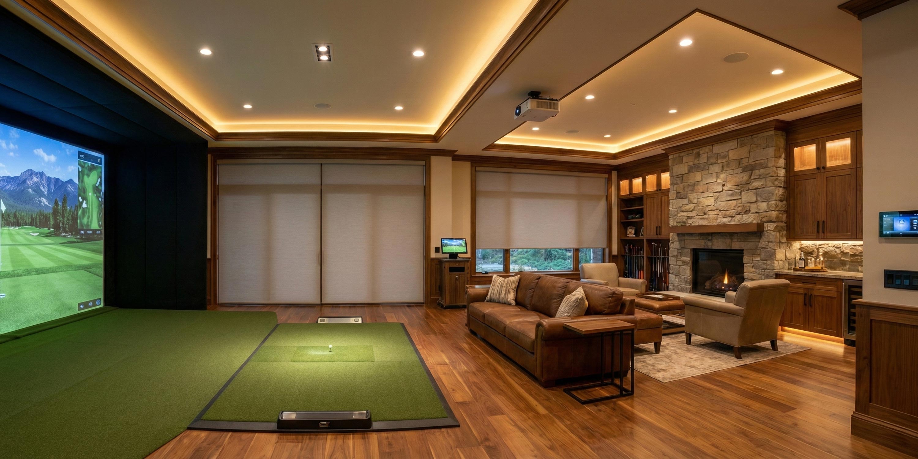 Home golf simulator room with seating area, stone fireplace, and wood finishes