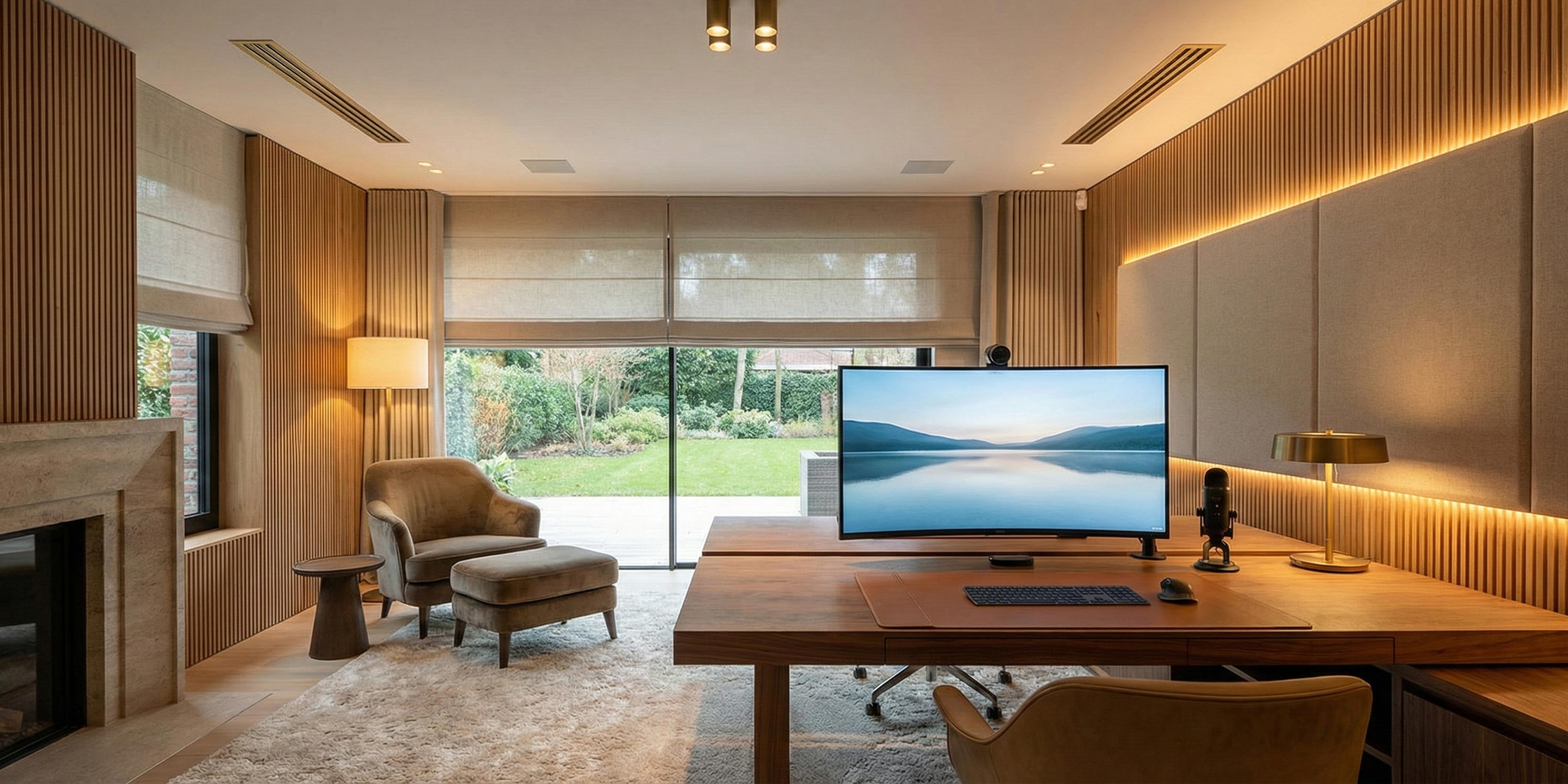 Warm home office with wood accents, large desk, and garden view through sliding doors