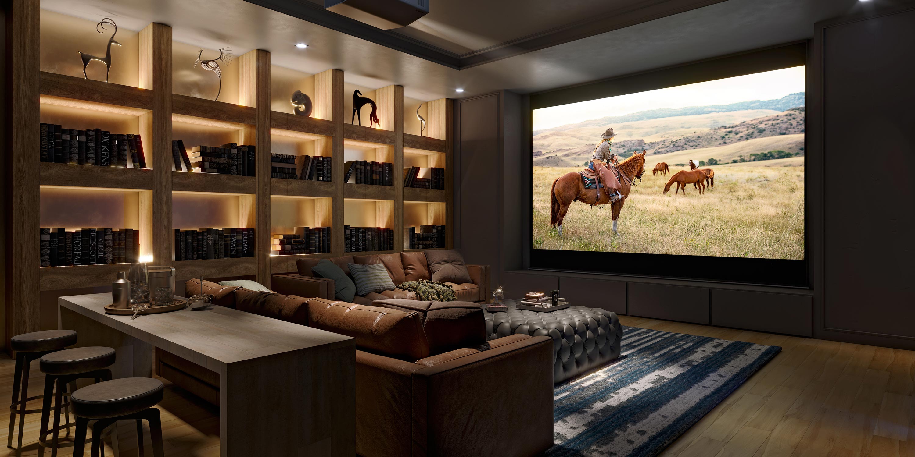 Cozy home theater with large screen, bookshelves, and leather seating