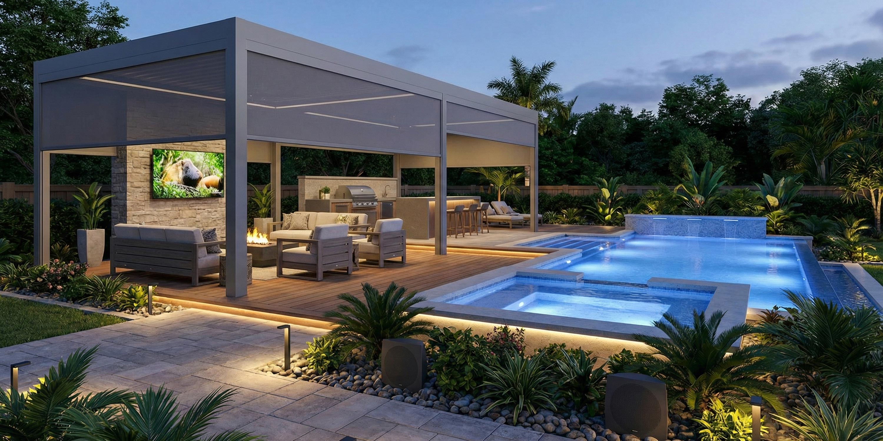 Outdoor patio with seating, fire pit, kitchen, and pool lit in the evening