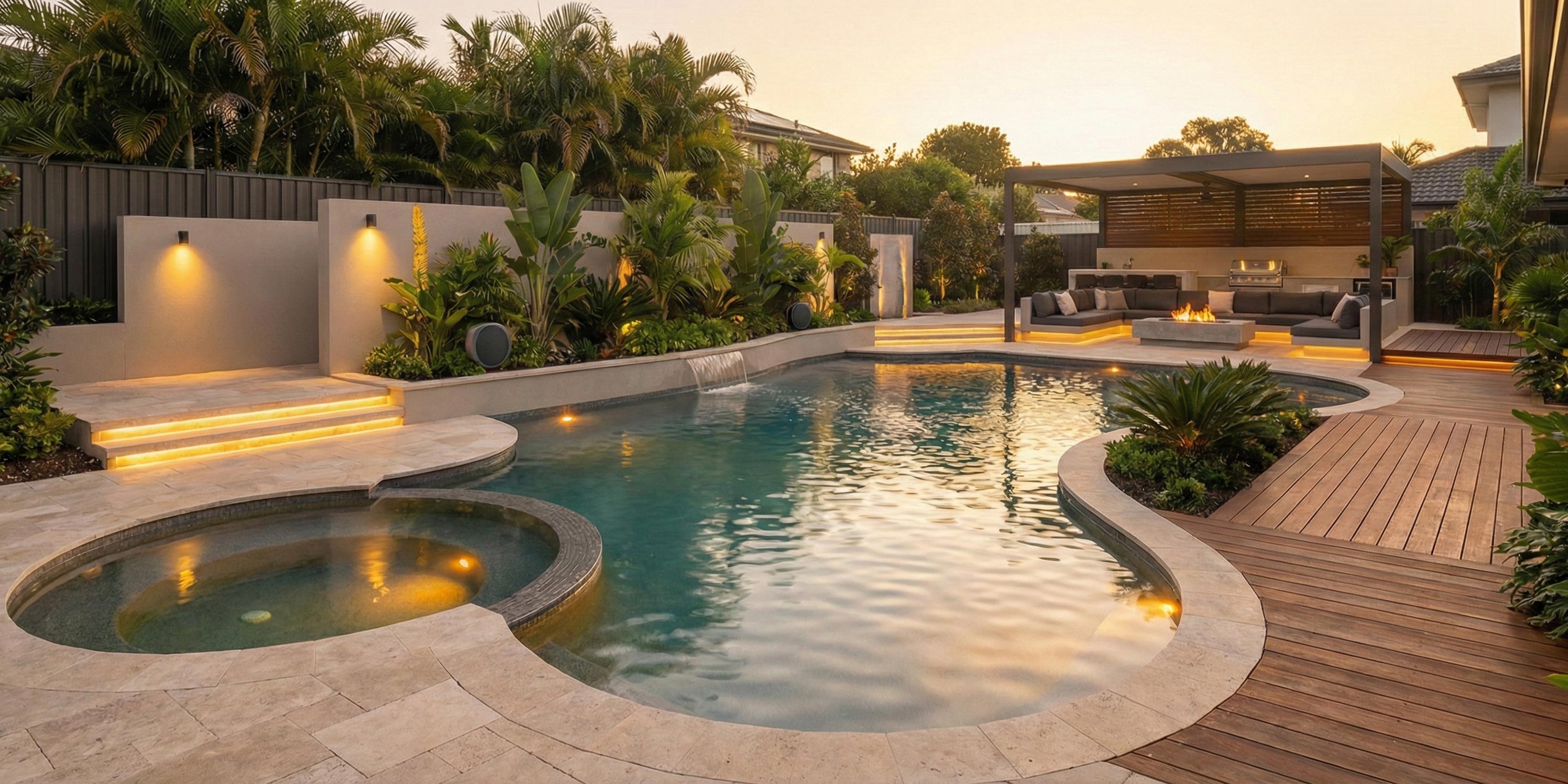 Curved pool and spa with garden lighting and a covered lounge area