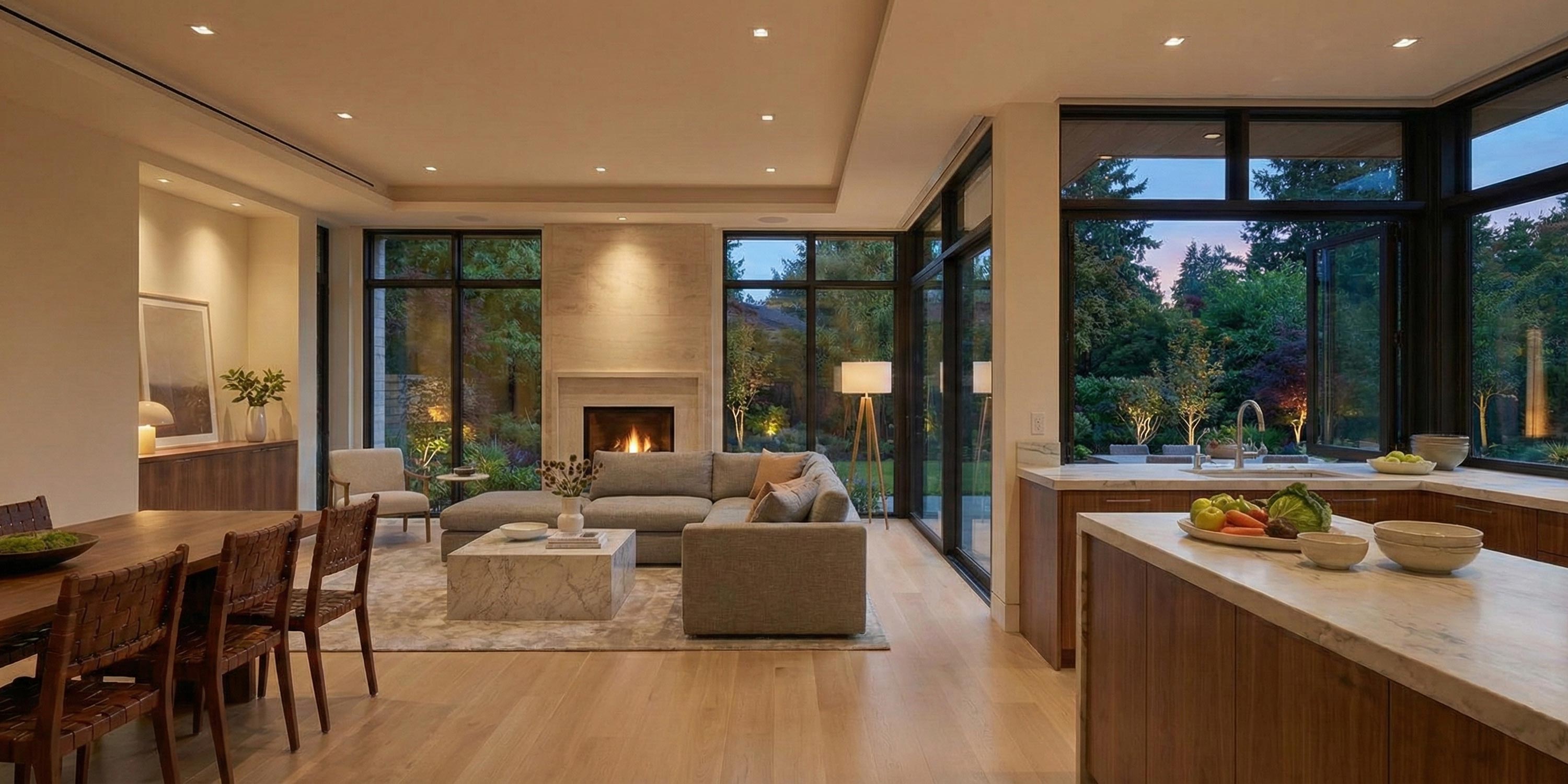 Open living space with fireplace, large windows, and kitchen overlooking the yard