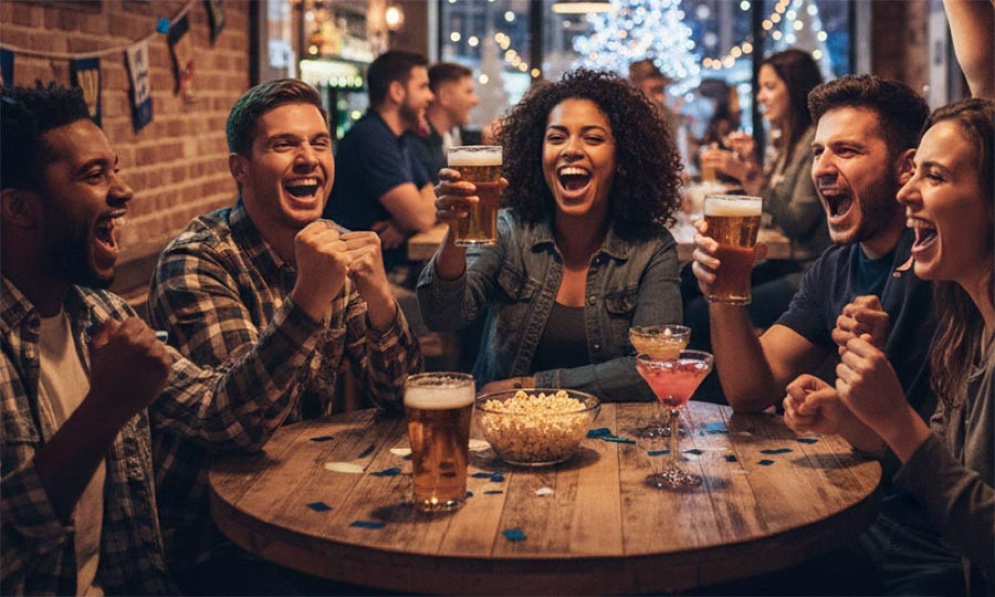 Group of friends watching sports together at a bar table