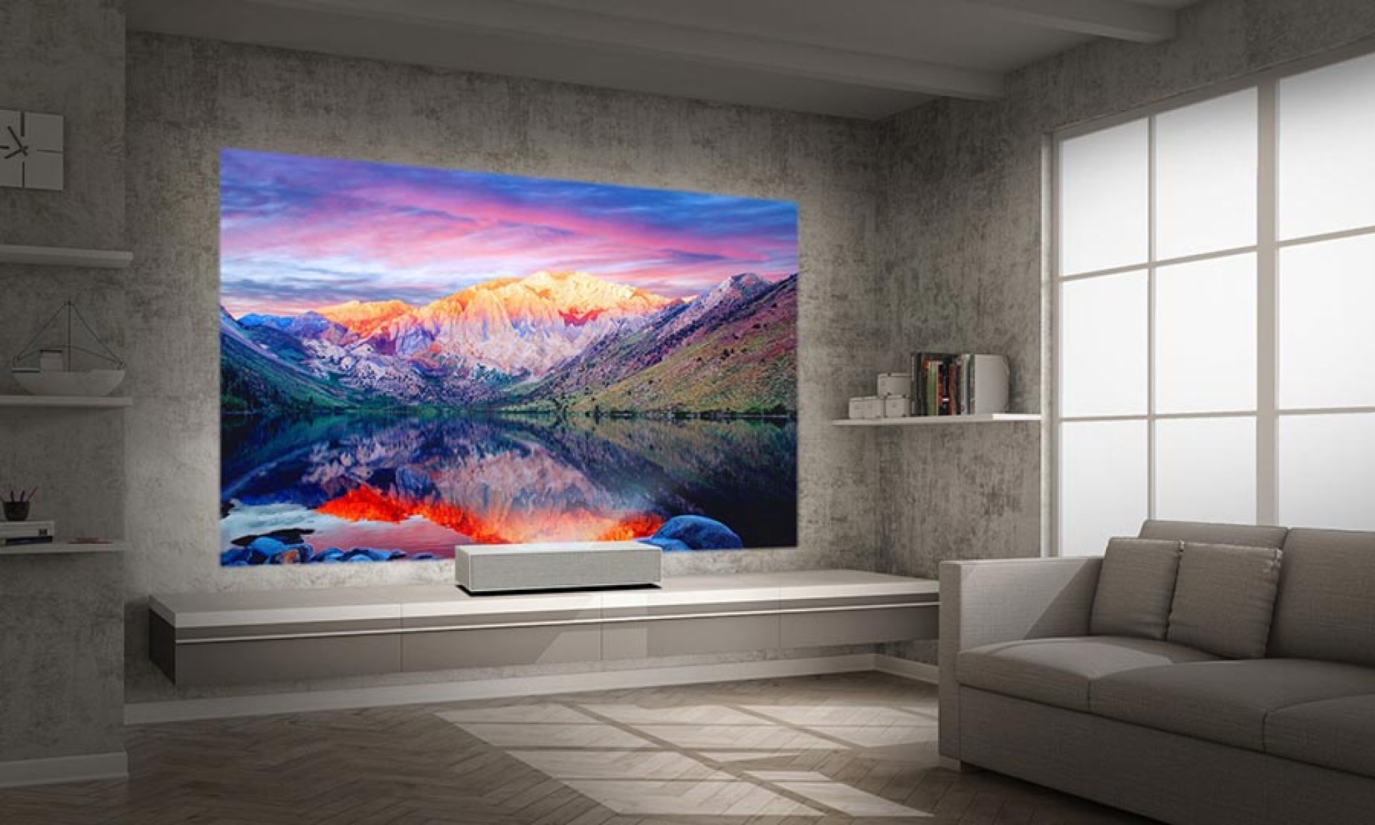 Living room with ultra short throw projector and large wall display