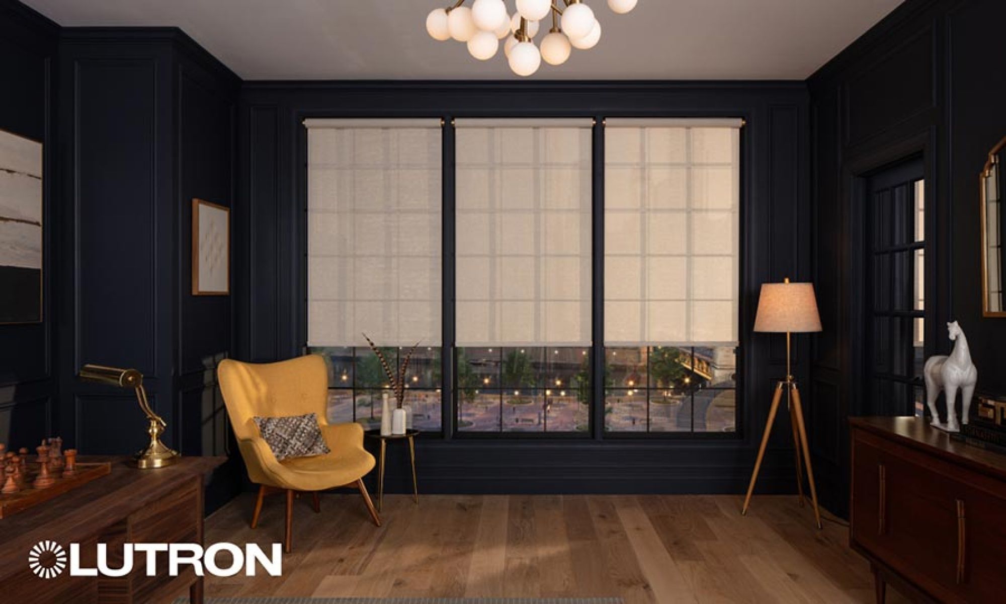 Living room with automated window shades and ambient lighting