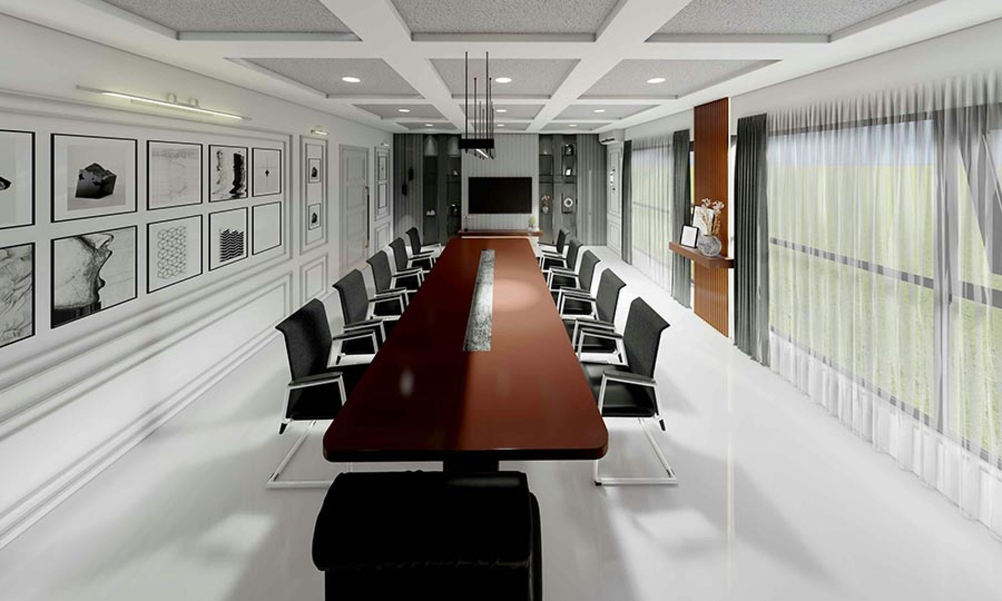 Modern conference room with long table and integrated display